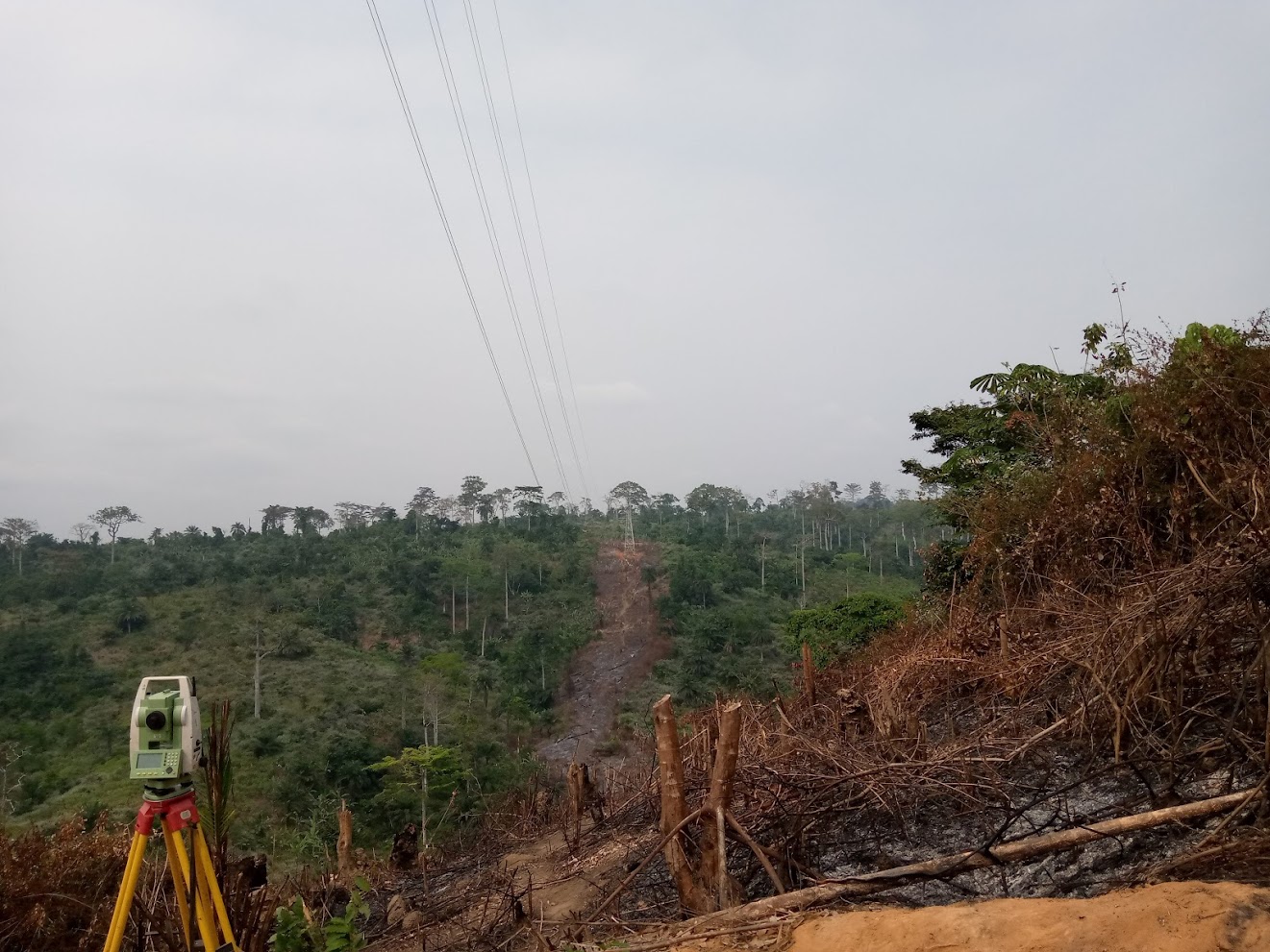 Transmission-line survey and construction support during a 220 kV project in Kongo Central Province, DRC.