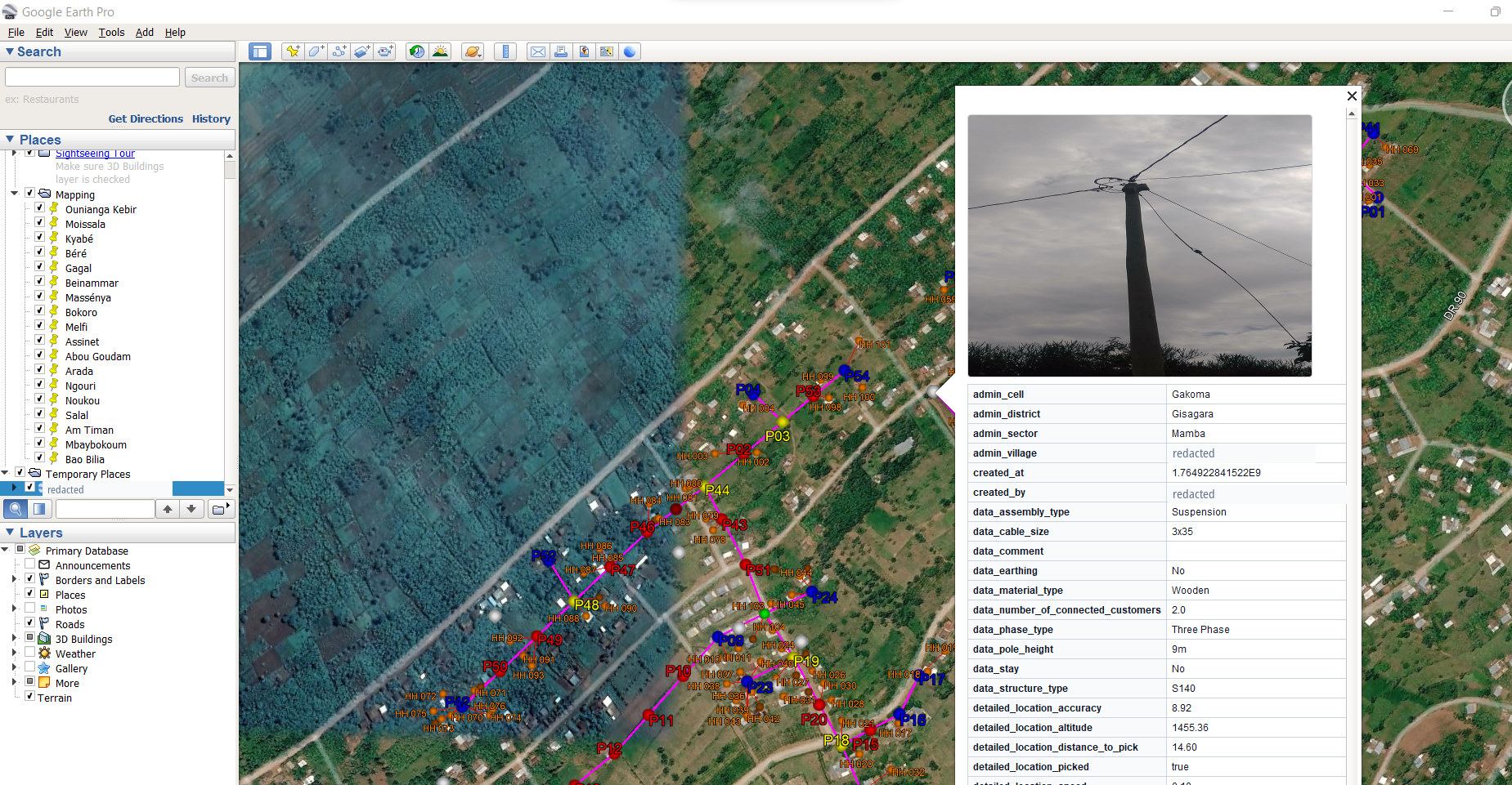 KMZ export opened in Google Earth with styled network features and field-photo attributes