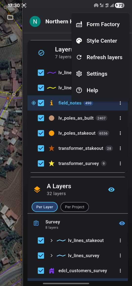 DS Field layer menu showing survey, stakeout, as-built, field notes, poles, transformers, customers, Form Factory, and Style Center