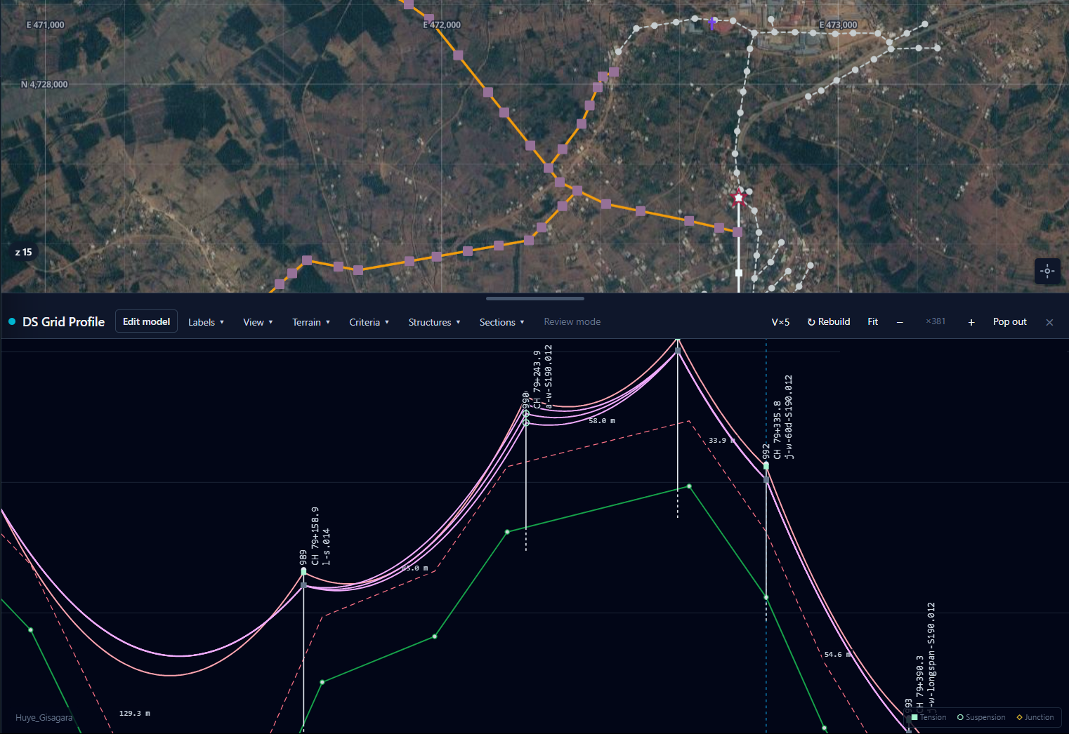DS Grid Profile: plan view over satellite imagery with the alignment and structures above, and the profile below showing terrain, structures at chainage, and catenary curves