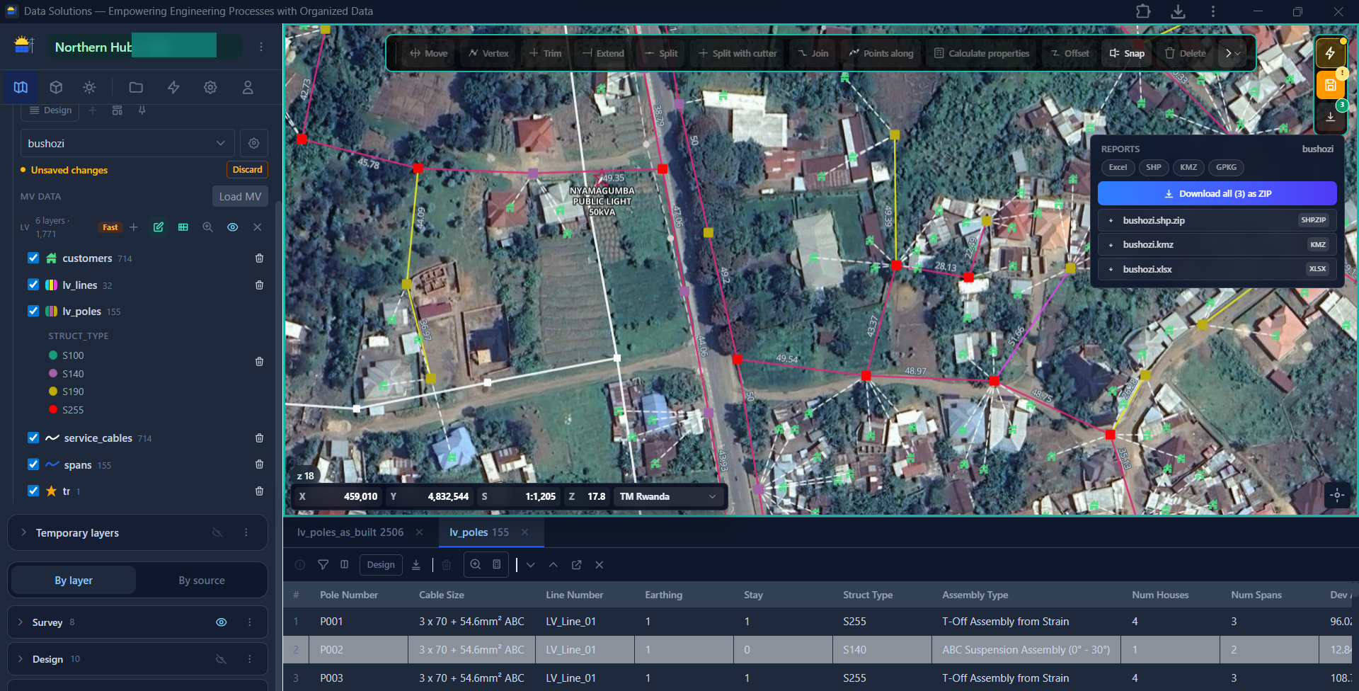Focused CAD-like drafting and export workspace: move, vertex edit, trim, extend, split, join, snap, offset, property calculation, drafted LV lines, poles, service connections, attribute table, and exports for Excel, SHP, KMZ, GPKG, and ZIP packages.