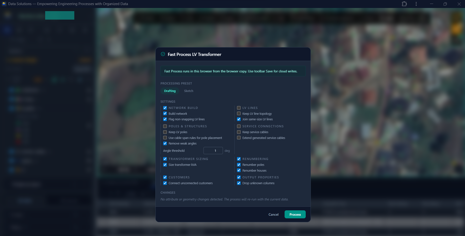 Processing settings for automated LV transformer drafting: build network, join same-size LV lines, assign pole and structure rules, size transformers, connect customers, renumber outputs, and write calculated properties.