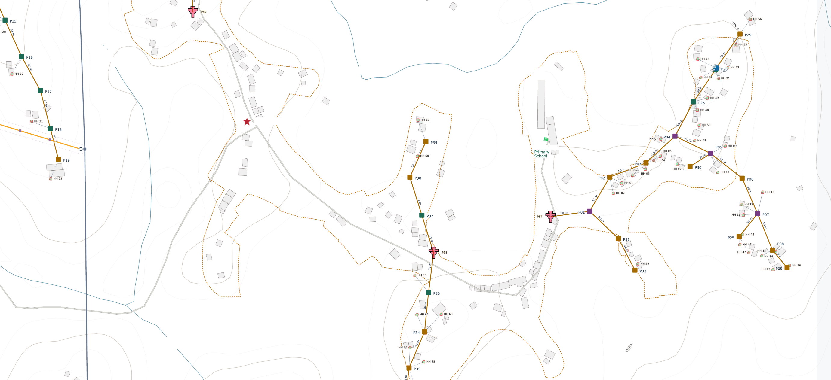 Detail of the same LV sheet: poles coloured by structure type, LV cables by size, numbered poles and houses, span lengths, service connections, settlement boundaries, a school and the proposed MV route