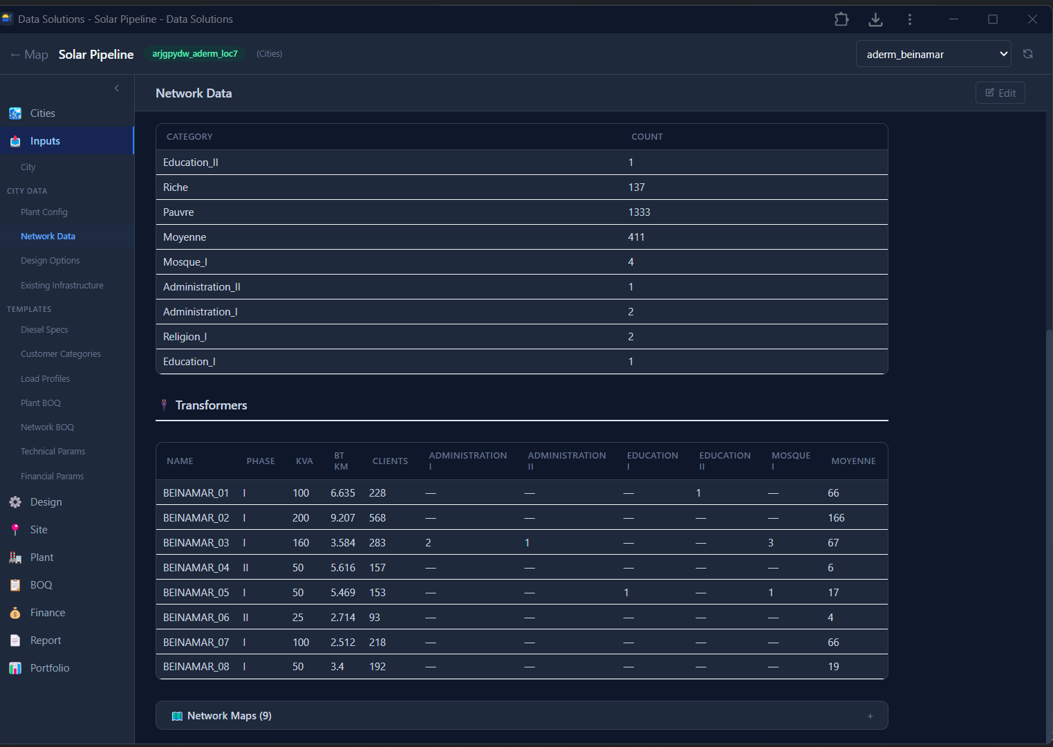 DS Solar network inputs sourced from design data, including customer categories and transformer schedules.